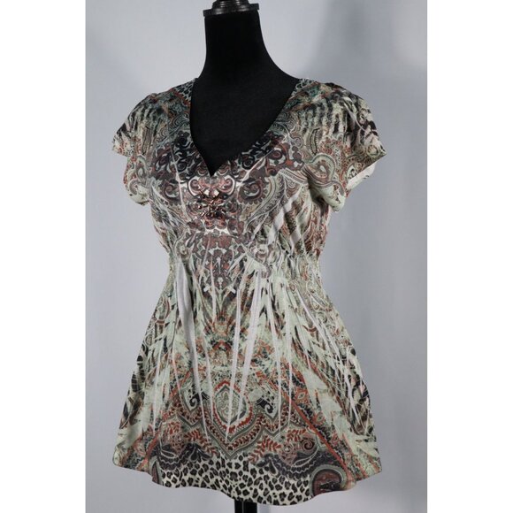 Apt. 9 Petite PM Boho Paisley Lace Back Blouse with Beaded V-Neckline‎ & Elastic - Picture 1 of 12